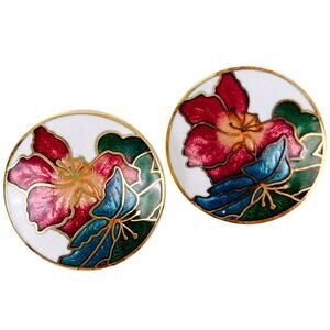 Vintage Cloisonne Enamel Earrings Floral Red Green Gold Jewelry Colorful